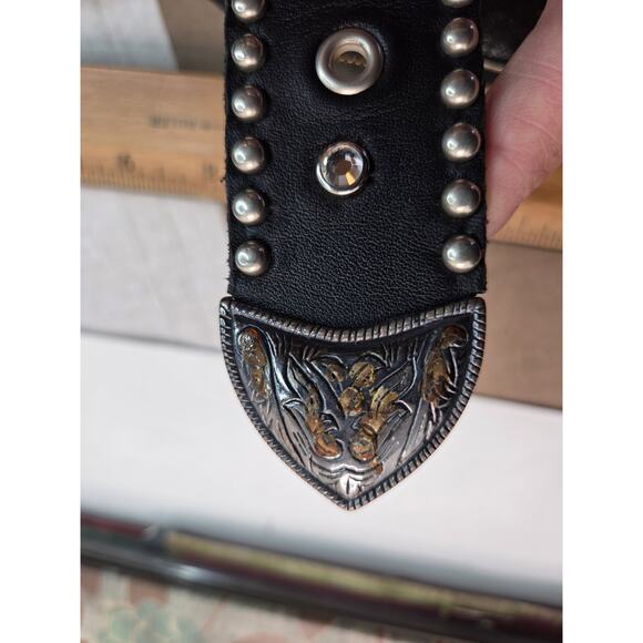 Leather Rock Studded Rhinestone Rocker Belt 1.5” Wide X 34" Black & Chrome - Picture 6 of 11